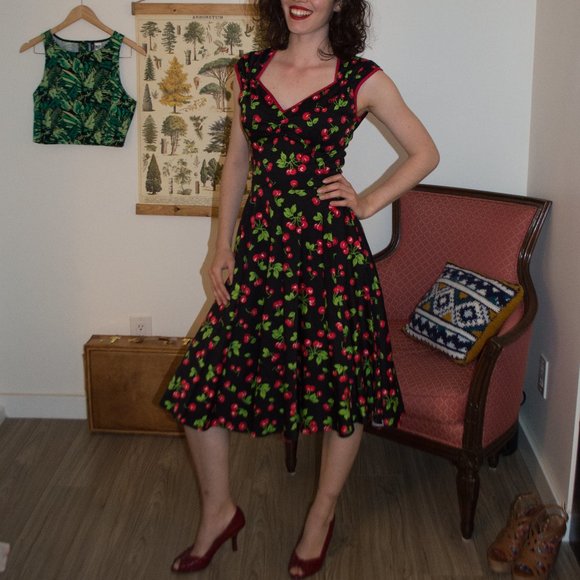 Vintage Inspired Black Red Cherries Swing Dress - Picture 2 of 9